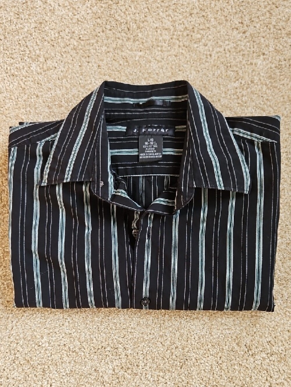 J Ferrar Size L 16-16.5 Black Stripe Shirt with Teal and White Stripes - Picture 13 of 13